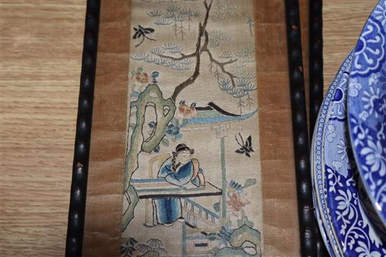 A pair of Chinese embroidered silk polychrome sleeve bands, framed